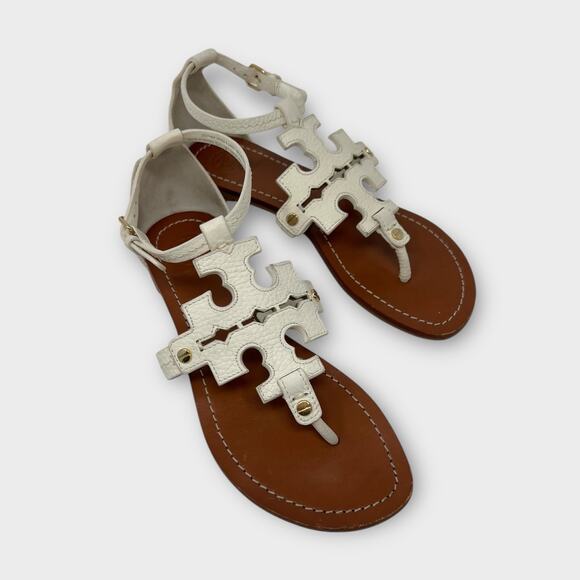 Tory Burch Phoebe Leather Flat Thong Sandals White Size 7 - Picture 1 of 15